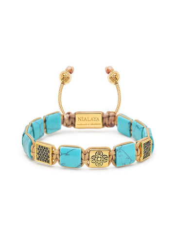 Nialaya Men's Flatbead Bracelet The Dorje Flatbead Collection - Turquoise and Gold